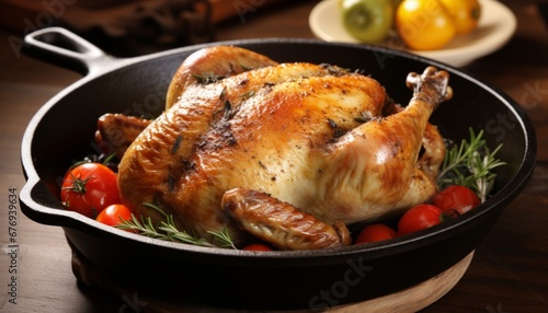 Mouthwatering roast chicken tender, juicy, and perfectly seasoned, sizzling in a hot pan