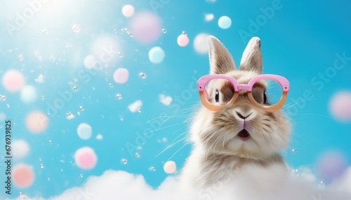domestic attractive bunny with glasses sitting on candy cotton ,dreamlike with defocused candy falling the background 