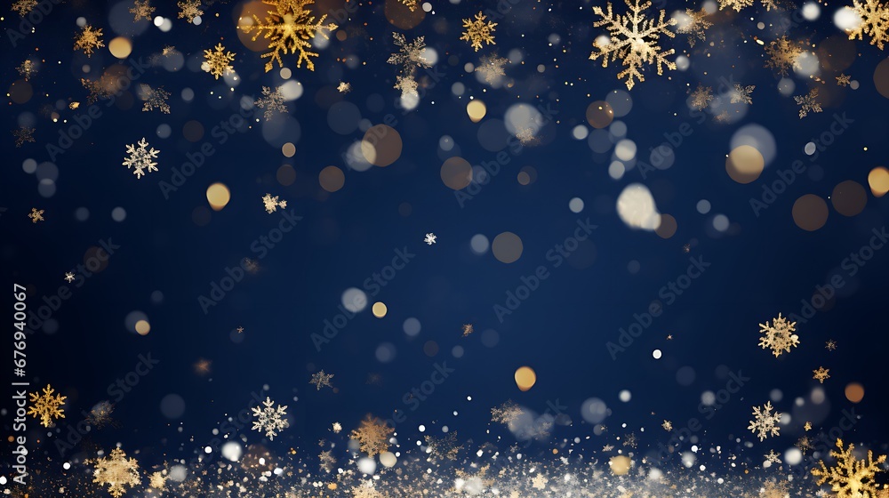 Obraz premium Navy Christmas background. Abstract background featuring dark blue and golden particles. Space for text.