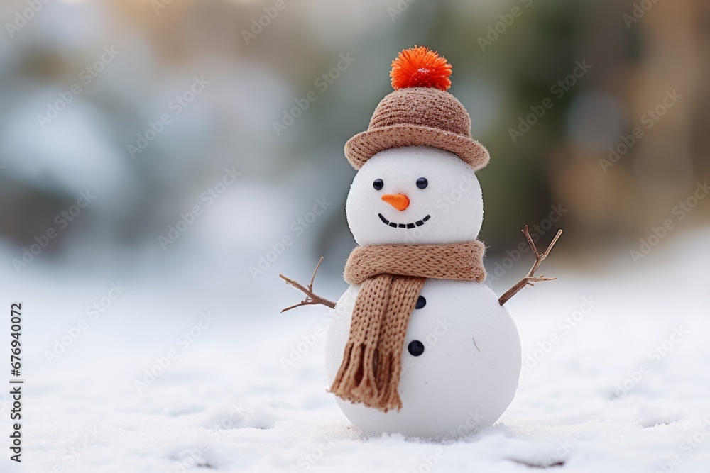 Fototapeta premium Charming snowman in hat and scarf amidst winter forest, close up with blurred background