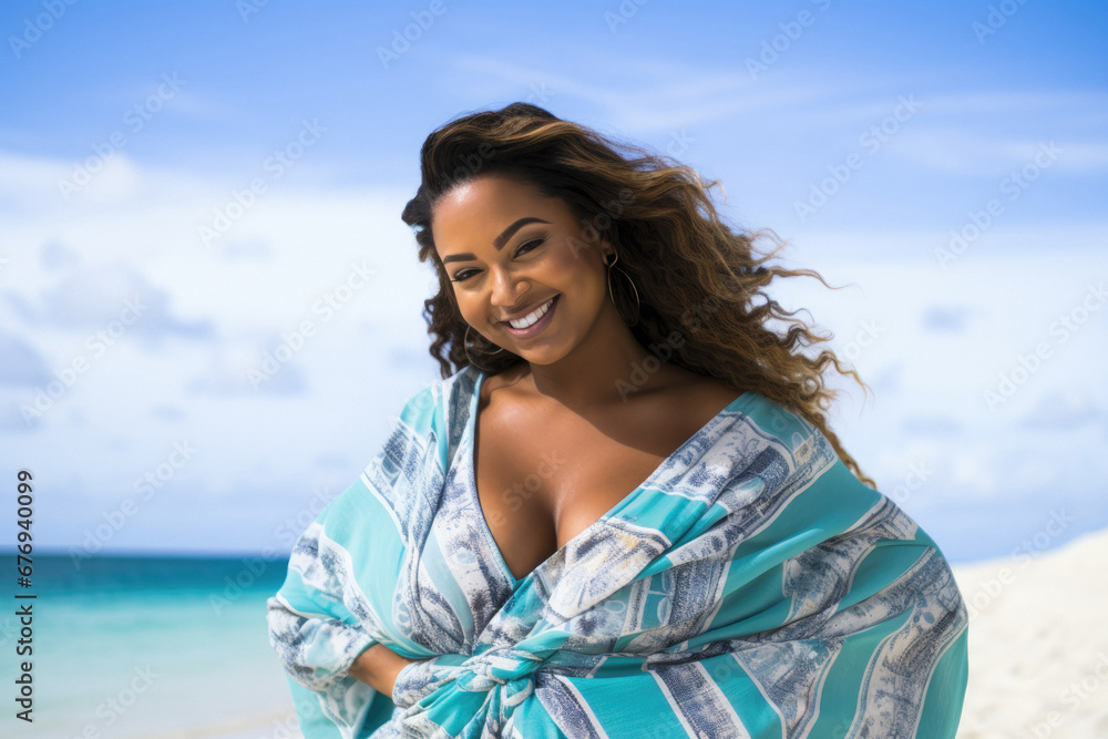 happy plus size ethnic woman at the beach