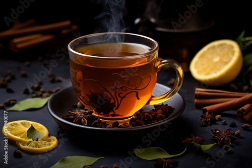 Cup of tea with lemon and cinnamon, An up-close view of a steaming cup of tea, with a selection of tea leaves and aromatic spices scattered around