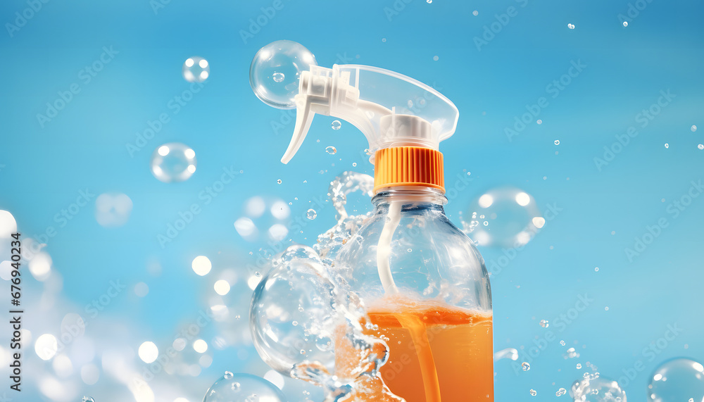 an image of a cleaning spray bottle with bubbles and bubbles, calm and serene, light orange and sky-blue an image of a cleaning spray bottle with bubbles and bubbles, calm and serene, light orange and sky-blue