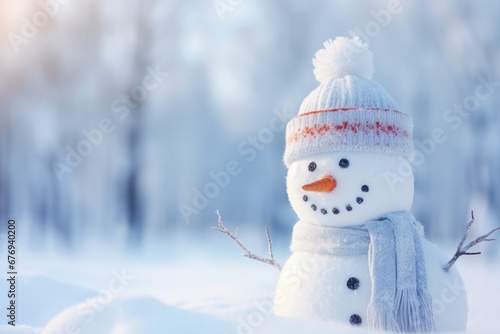 Festive snowman with hat and scarf, close up in winter forest with blurred background