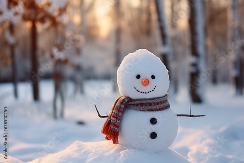 Winter wonderland close up of cute snowman in hat and scarf, surrounded by snowy forest backdrop