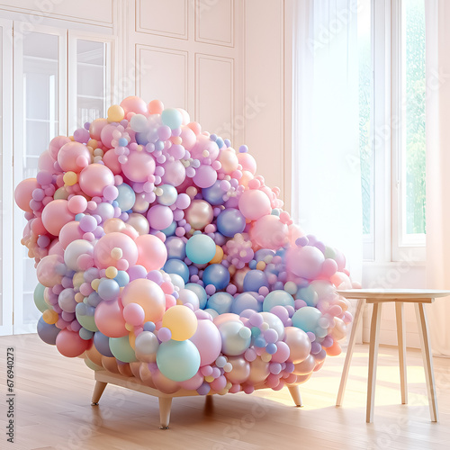 Armchair made of Balloons in the living room interior background, Concept of joy, happy, cozy girlish party interior