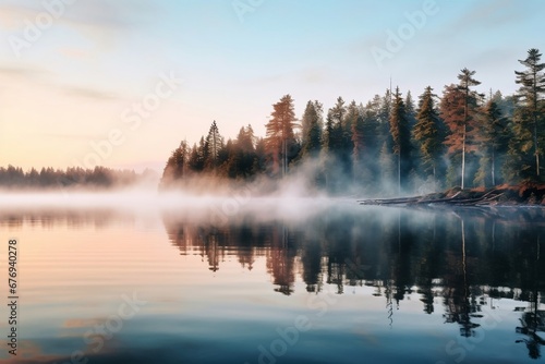 Sunrise over the lake, A serene lake reflecting a cluster of evergreens on a calm, misty morning. The water is glass-like, mirroring the trees 