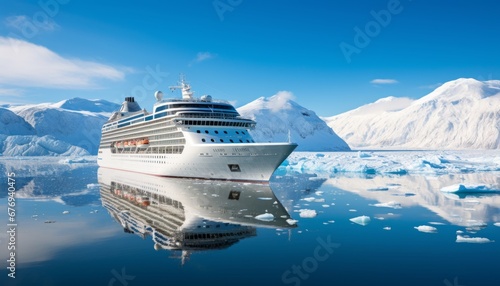 Spectacular views of a large cruise ship sailing through majestic northern seascape with glaciers © Ilja