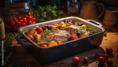 Wallpaper Mural Mouthwatering and flavorful roasted fish in a sizzling pan, a delectable treat for your taste buds Torontodigital.ca