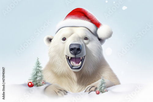Polar bear in Christmas, red hat with presents. New Year's holiday concept.