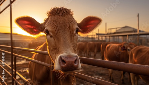 Ecological cow grazing at domestic farm with factory backdrop high res commercial stock image