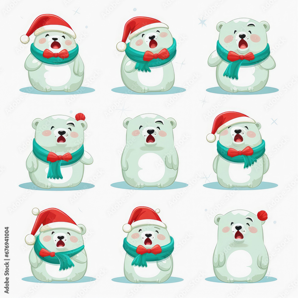 New Year emoticons funny polar bears, emoji. Cartoon style, New Year, Christmas.