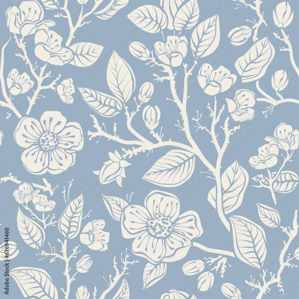 Blue and white monochrome seamless floral pattern. Decorative wrapping paper with flowers and plants. Stylized flowers design for fabric, textile, cover, paper, web, scrapbooking, rug 