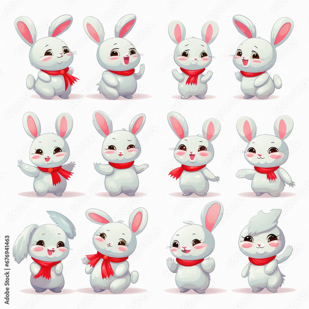 Naklejka premium New Year emoticons funny bunnies, emoji. Cartoon style, New Year, Christmas.