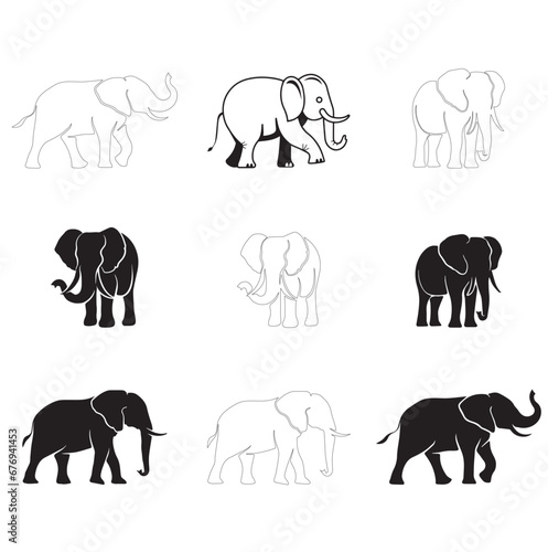 set of elephants vector art design, adorable, africa, african, animal, animal vector, animals, asia, asian, big, black, collection, congo, design, ears, element, elephant, elephant silhouette