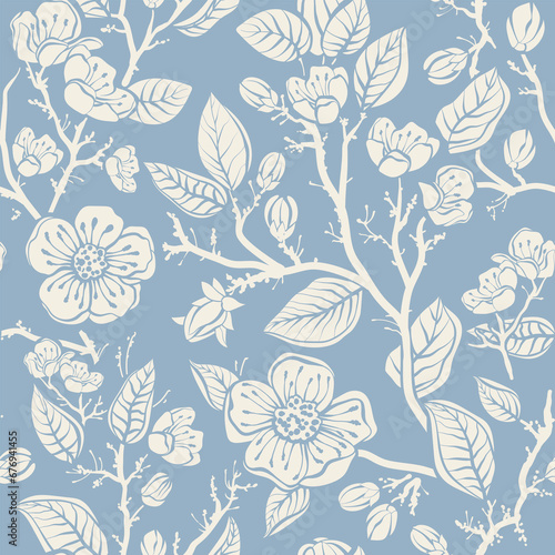 Blue and white monochrome seamless floral pattern. Decorative wrapping paper with flowers and plants. Stylized flowers design for fabric, textile, cover, paper, web, scrapbooking, rug 