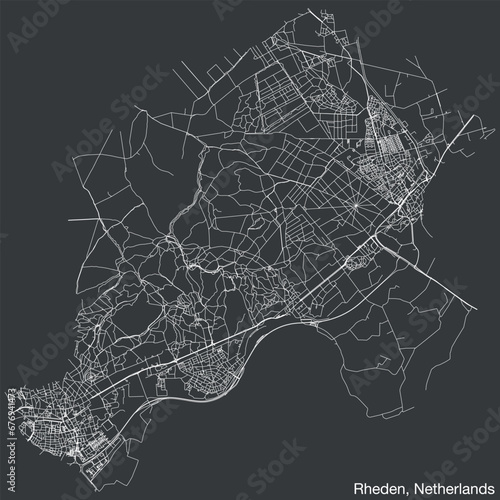 Detailed hand-drawn navigational urban street roads map of the Dutch city of RHEDEN, NETHERLANDS with solid road lines and name tag on vintage background