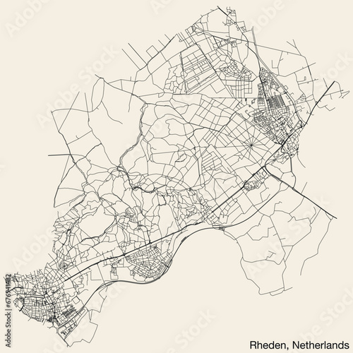 Detailed hand-drawn navigational urban street roads map of the Dutch city of RHEDEN, NETHERLANDS with solid road lines and name tag on vintage background