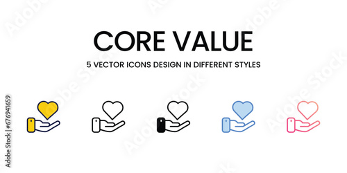 Core Value Icon Design in Five style with Editable Stroke. Line, Solid, Flat Line, Duo Tone Color, and Color Gradient Line. Suitable for Web Page, Mobile App, UI, UX and GUI design.