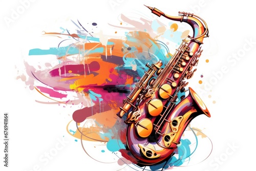 Musical style illustration  colorful saxophone  notes. Poster  music concert  festival  music store and musical instrument design.