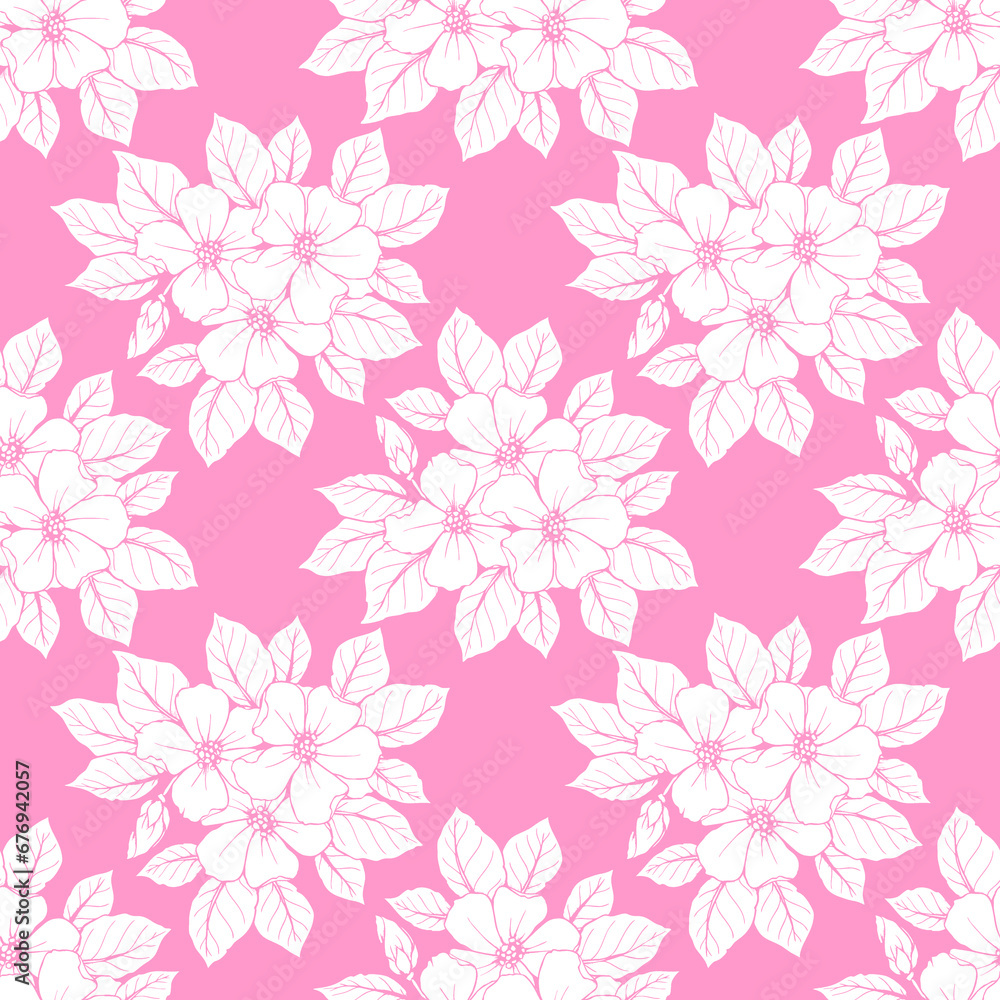 seamless contour pattern of large white flowers on a pink background, texture, design seamless contour pattern of large white flowers on a pink background, texture, design