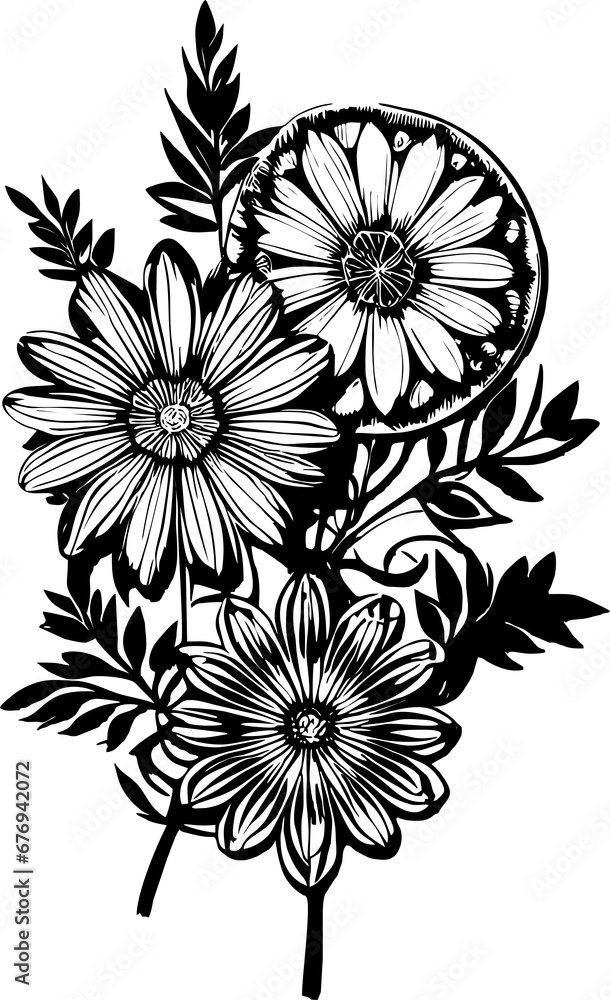 black graphic contour drawing of a bouquet of flowers on a white background, design black graphic contour drawing of a bouquet of flowers on a white background, design