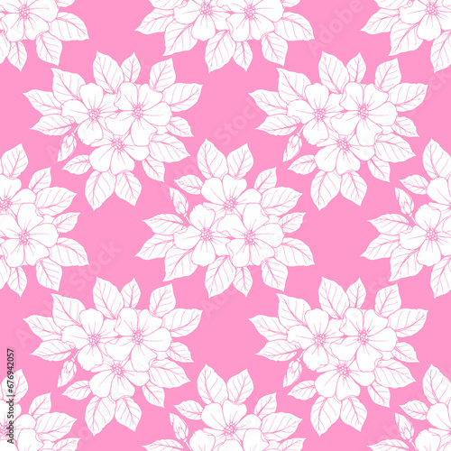 seamless contour pattern of large white flowers on a pink background  texture  design