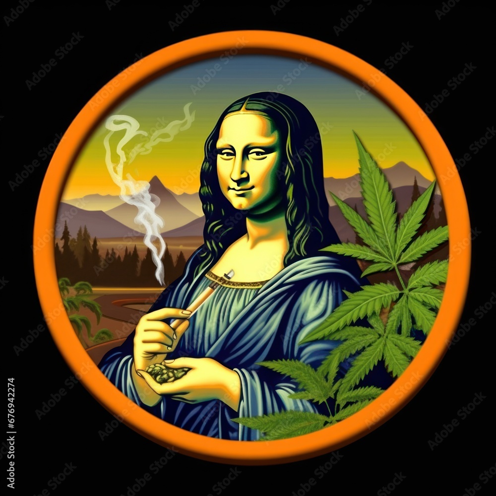 Mona Lisa Smoking Weed. Mona Lisa Smoking Marijuana. Mona Lisa's portrait in a pop art style. Sticker. Logotype.