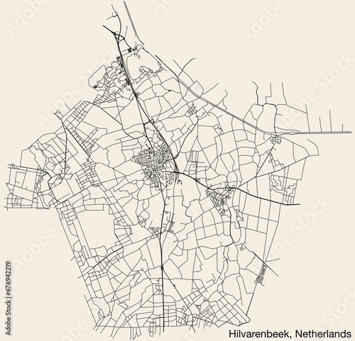 Detailed hand-drawn navigational urban street roads map of the Dutch city of HILVARENBEEK, NETHERLANDS with solid road lines and name tag on vintage background photo