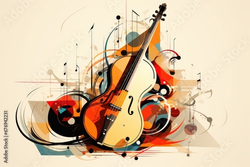 Music style illustration  colorful cello  guitar. Poster  music concert  festival  music store and musical instrument design.