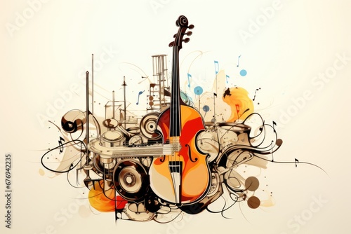 Music style illustration, colorful cello, guitar. Poster, music concert, festival, music store and musical instrument design. © koplesya