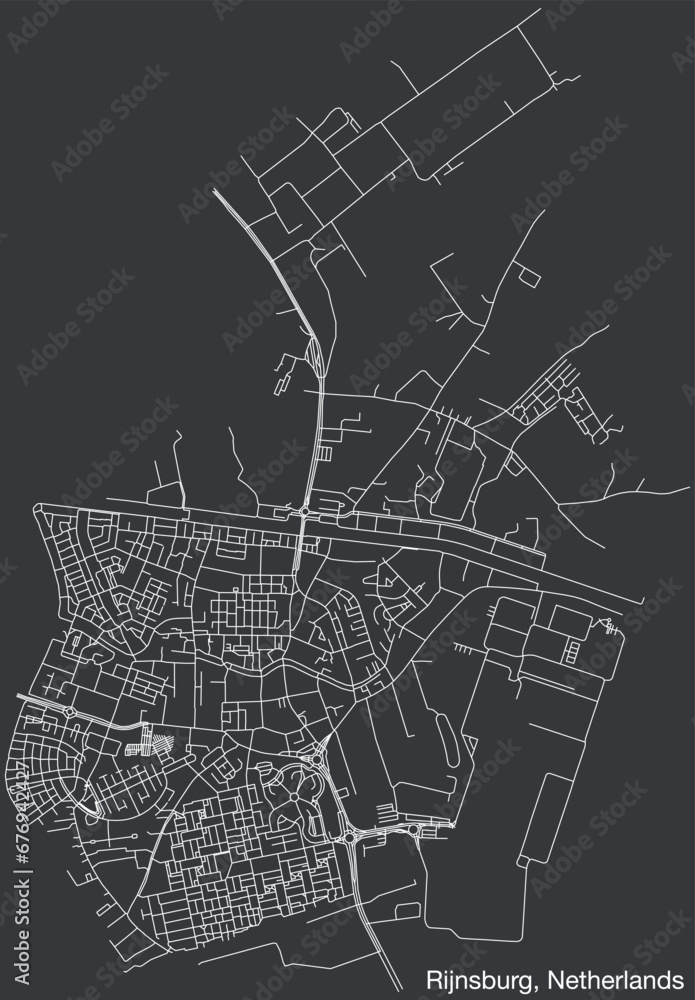 Detailed hand-drawn navigational urban street roads map of the Dutch city of RIJNSBURG, NETHERLANDS with solid road lines and name tag on vintage background