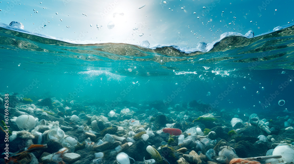 Fototapeta premium Seabed polluted with plastic waste, view from underwater