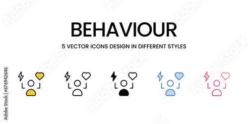 Behaviour Icon Design in Five style with Editable Stroke. Line, Solid, Flat Line, Duo Tone Color, and Color Gradient Line. Suitable for Web Page, Mobile App, UI, UX and GUI design.