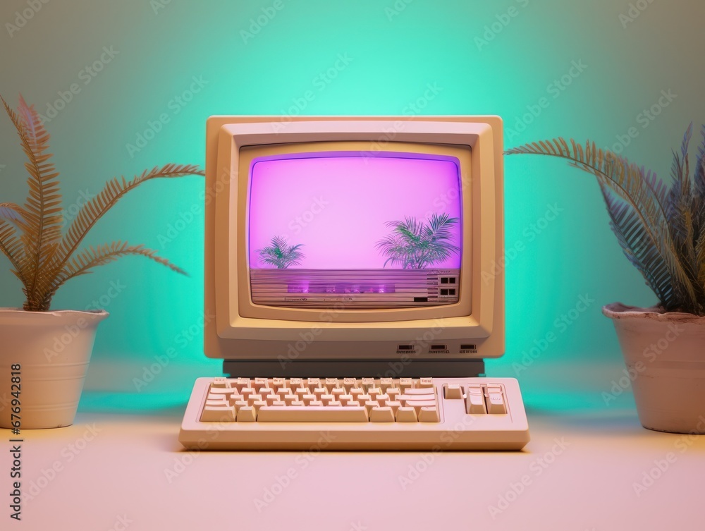 Vintage computer featuring a palm tree screensaver displayed on the monitor, flanked by potted plants - obrazy, fototapety, plakaty 