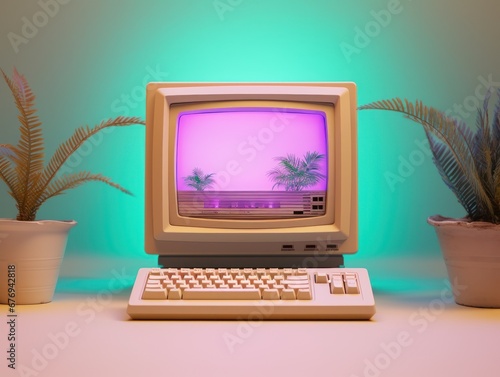 Vintage computer featuring a palm tree screensaver displayed on the monitor, flanked by potted plants photo