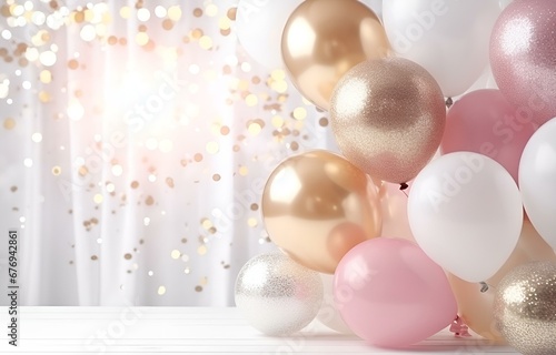 pastel white, beige, pink and golden balloon with glitter on white wooden floor for holiday birthday card decor soft light