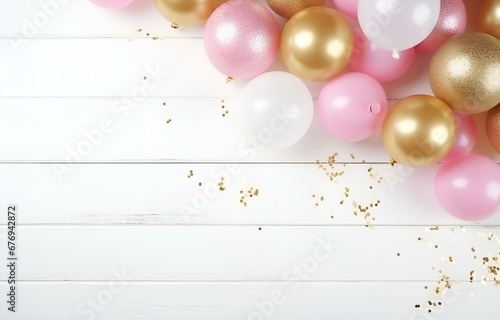 pastel white, beige, pink and golden balloon with glitter on white wooden floor for holiday birthday card decor soft light top view