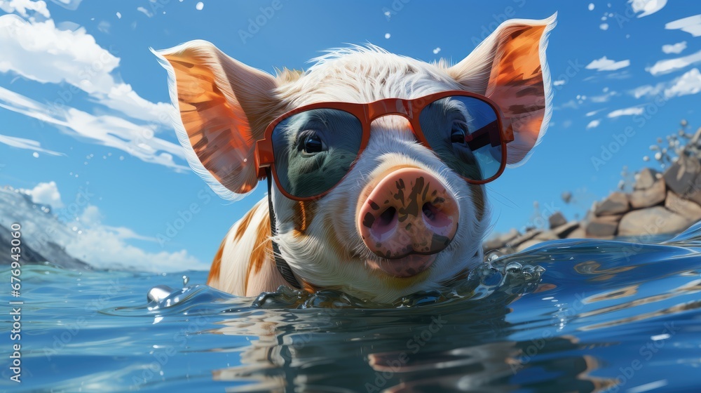 Pig in sunglasses swimming in the sea. Summer relaxation. The concept of summer tourism. Illustration for cover, card, postcard, interior design, decor, invitations or print.