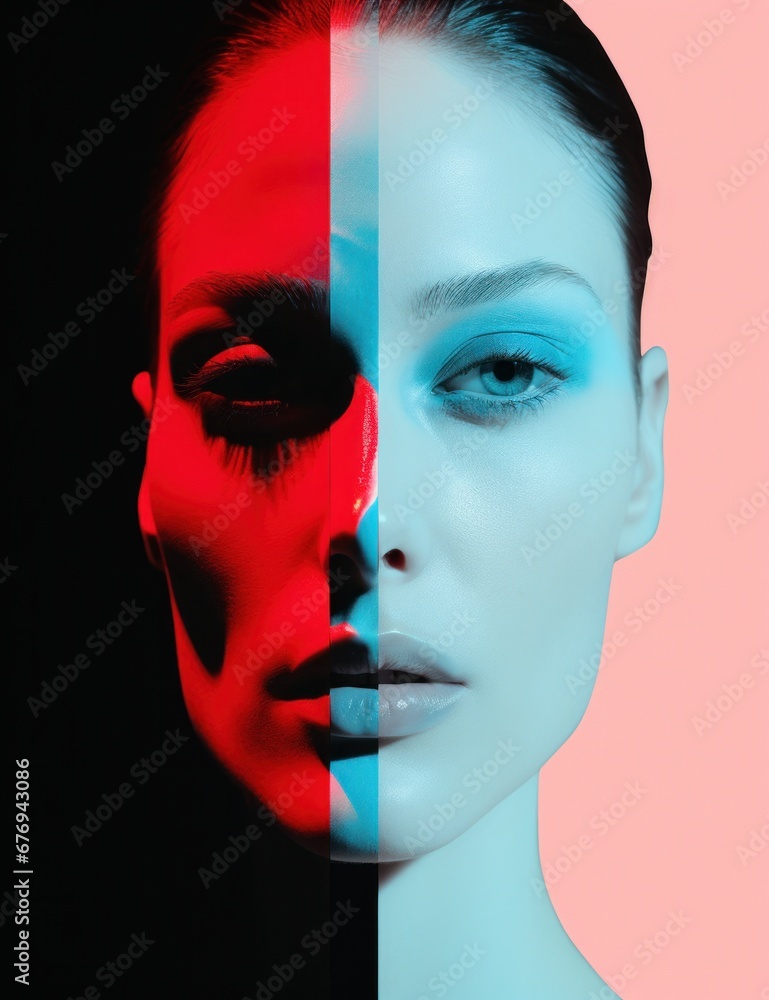 Creative portrait showing a woman's face split into dual tones with a striking contrast