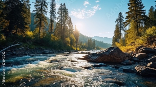A mountain stream flows in a mountainous area surrounded by forests on a sunny day. Natural background. Illustration for cover, card, postcard, interior design, banner, poster, brochure, presentation.