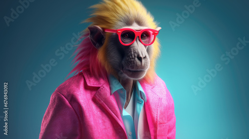 Hamadryas baboon with glasses. Close-up portrait of a Hamadryas baboon. Anthopomorphic creature. A fictional character for advertising and marketing. Humorous character for graphic design. © Login