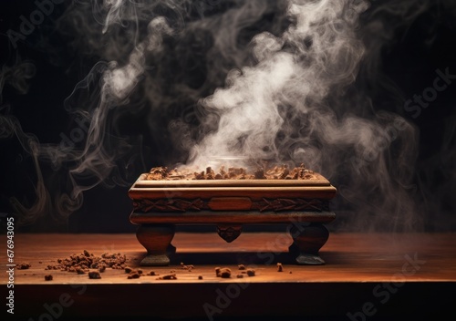 Ornate wooden incense burner emitting swirls of fragrant smoke on a dark background photo