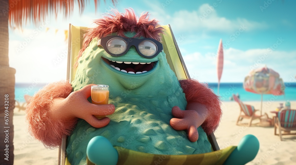 Monster smiling happily, drinking a cocktail and relaxing on the beach. Mutant relaxing in a chaise lounge on a sunny summer day. Summer tourism concept. Fairy-tale character. Illustration for design. Monster smiling happily, drinking a cocktail and relaxing on the beach. Mutant relaxing in a chaise lounge on a sunny summer day. Summer tourism concept. Fairy-tale character. Illustration for design.