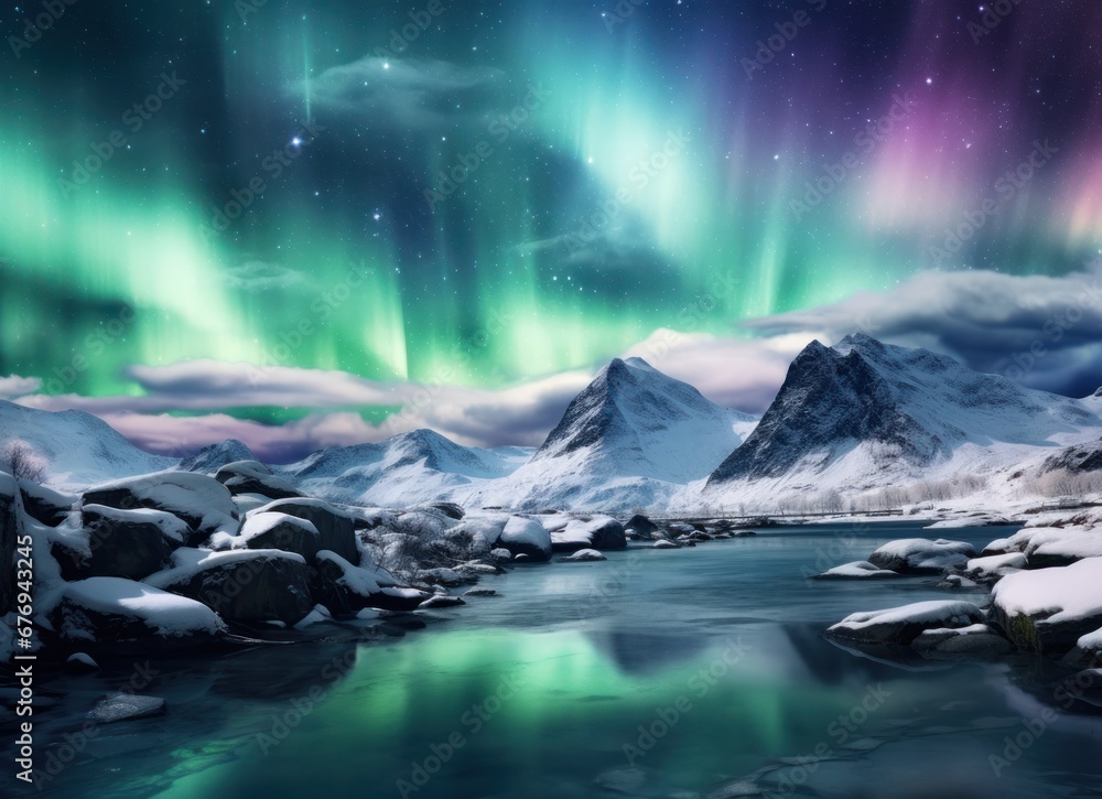 A breathtaking winter landscape showcases a vivid aurora borealis against the backdrop of a frozen river