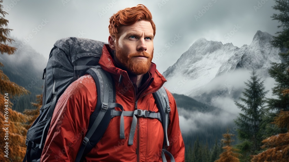 Rugged man with a backpack on the background of mountains. The concept of traveling. Achieving your dreams. Geographer. Illustration for cover, card, postcard, interior design, decor or print. Rugged man with a backpack on the background of mountains. The concept of traveling. Achieving your dreams. Geographer. Illustration for cover, card, postcard, interior design, decor or print.