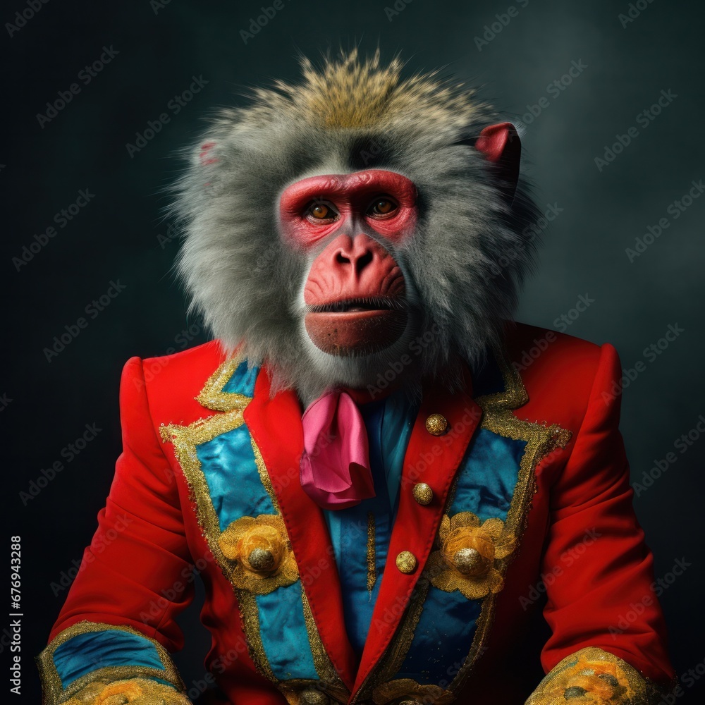 A whimsical image featuring a baboon dressed in a vibrant red circus uniform against a dark background