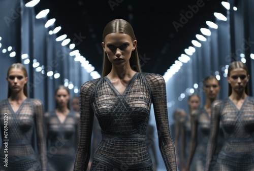 A stern model leads the formation on the runway in a unique checkered dress with a focused expression