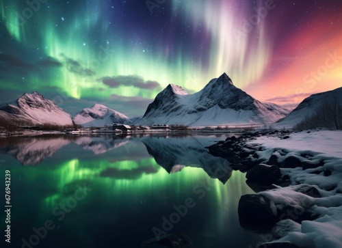 A serene mountain lake mirrors the dazzling aurora borealis under a twilight sky, creating a dramatic vista