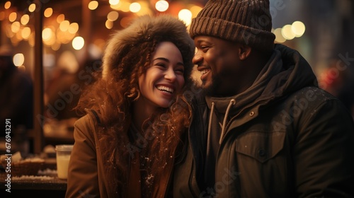 African couple dating romantic, is seen sharing a joyful moment, in warm winter clothes, with glowing lights creating a festive backdrop to their winter encounter.